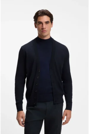 CARDIGAN DE BOTÕES EM LÃ MERINO EXTRA FINO - Azul Escuro