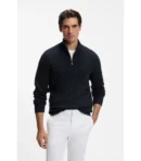 POLO DE MALHA COM FECHO EM PADRÃO TRANÇADO - Azul Escuro
