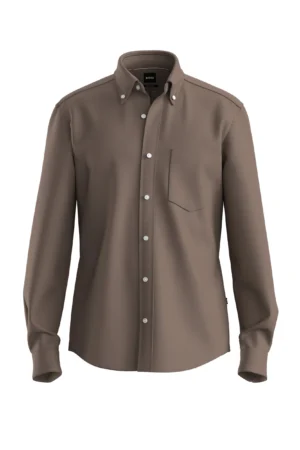 CAMISA REGULAR FIT COM BOLSO EM PADRÃO LISO - Castanho